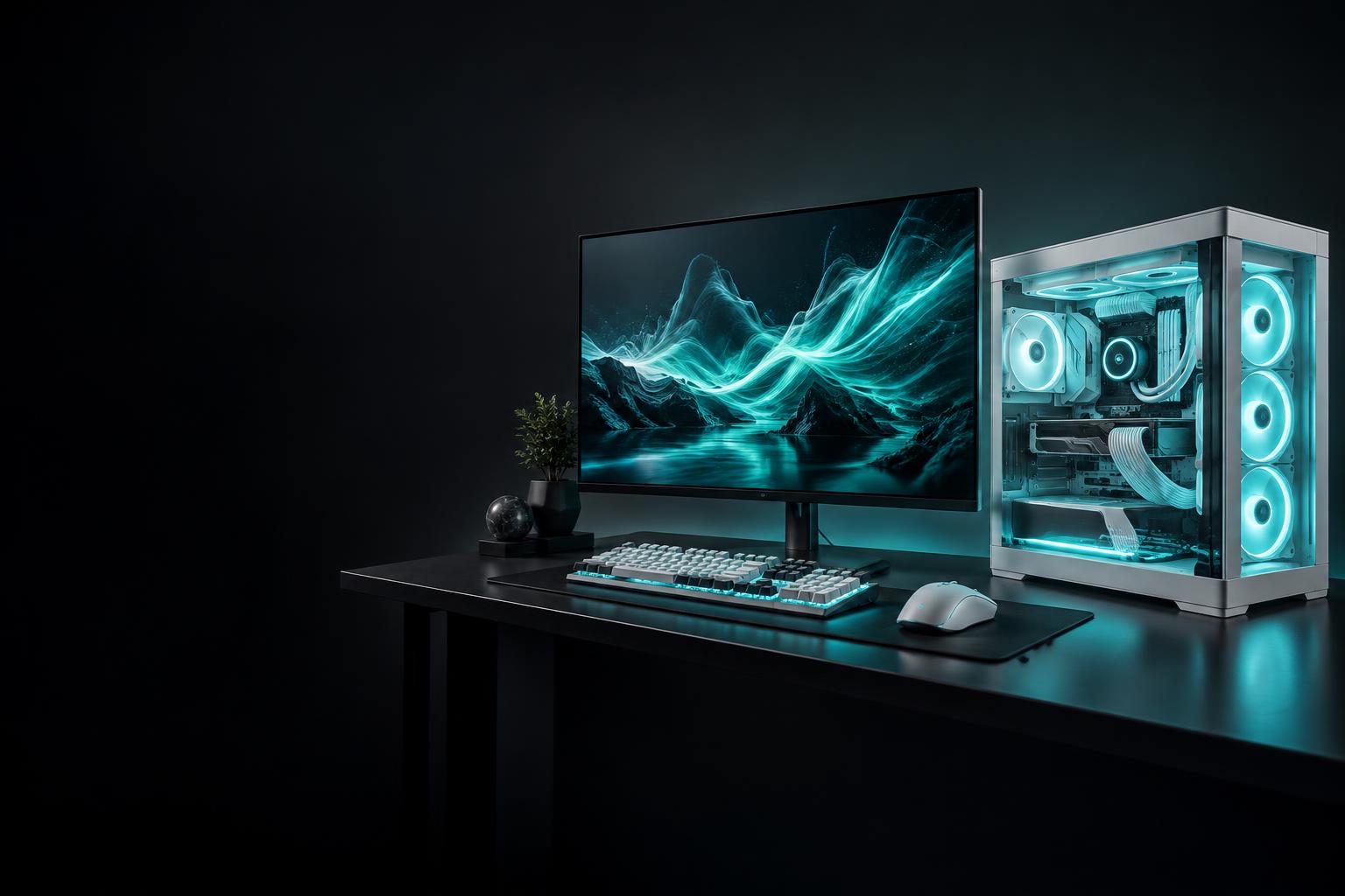 Setup com PC gamer branco, componentes iluminados e monitor